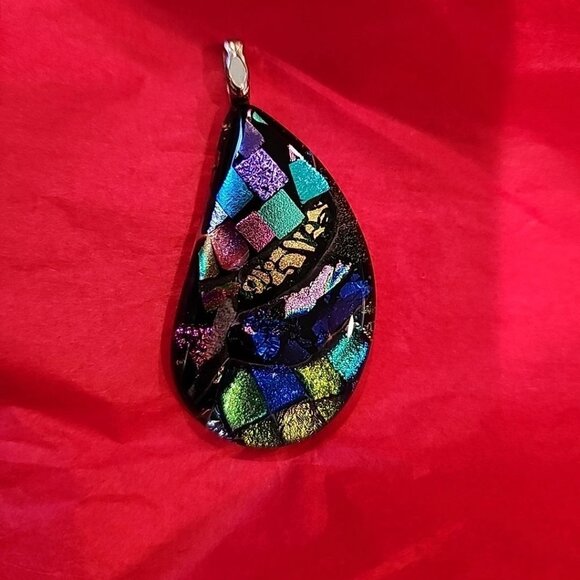 Dichroic Fused Glass Teardrop Pendant Silver Necklace Choker One Of a Kind - Picture 2 of 2
